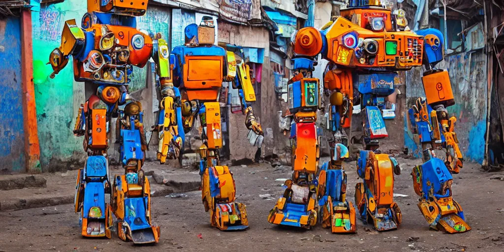 Prompt: colourful giant mecha ROBOT of AJEGUNLE SLUMS of Lagos, markings on robot, ajegunle is neon lit, Night,