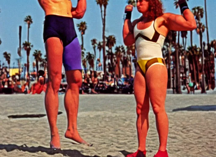 Prompt: color picture of a weightlifter at venice beach the 8 0's