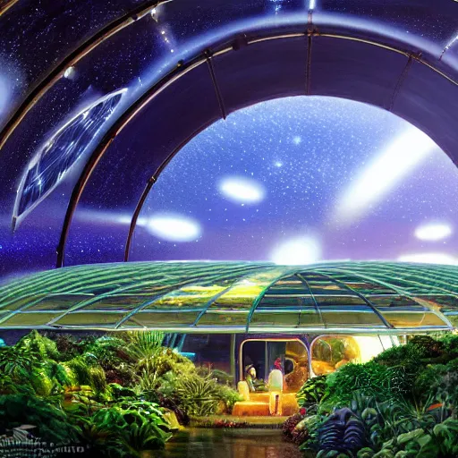 Prompt: a cinematic view of a deepspace solar powered space habitat colony, large domed greenhouses with exotic plants, retrofuturism, scifi art, oil on canvas, biodome, stars in the sky above, details, hyper - detailed, hd, hdr, 4 k, 8 k