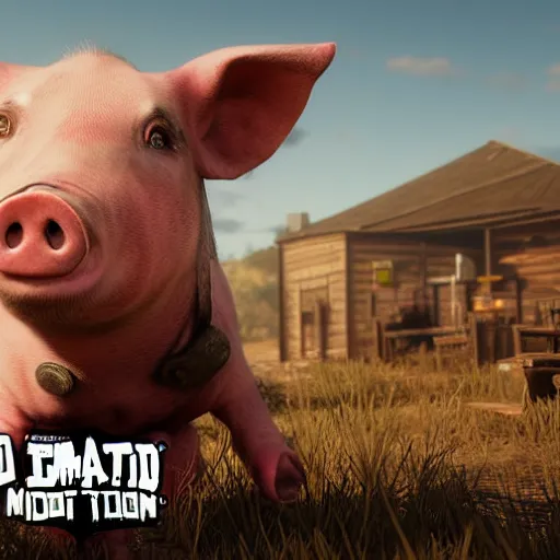 Prompt: cute little anthropomorphic Pig in Red Dead Redemption 2 (2018 videogame) cover art, ultra wide lens shot , tiny, swine, hug, small, short, cute and adorable, pretty, beautiful, DnD character art portrait, matte fantasy painting, DeviantArt Artstation, by Jason Felix by Steve Argyle by Tyler Jacobson by Peter Mohrbacher, cinematic lighting
