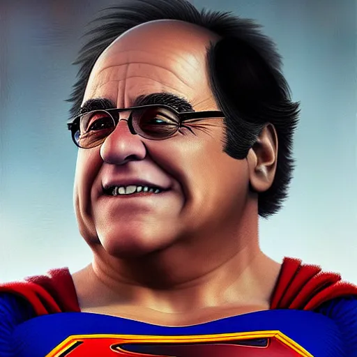 Image similar to portrait of a danny devito as superman by greg rutkowski, highly detailed portrait, digital painting, artstation, concept art, smooth, sharp foccus ilustration, artstation hq