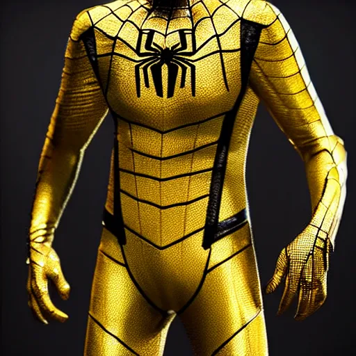 Image similar to gold spider - man suit with black web lining, cinematic, volumetric lighting, realistic, hyperdetailed, photorealistic, photograph