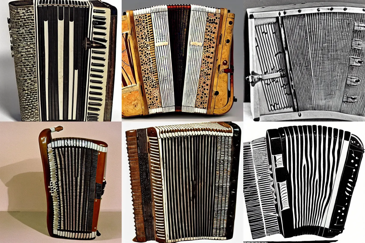 Prompt: an instrument resembling an accordion, found in near-perfect condition at an archaeological site dating to 6000 BC, archival photo