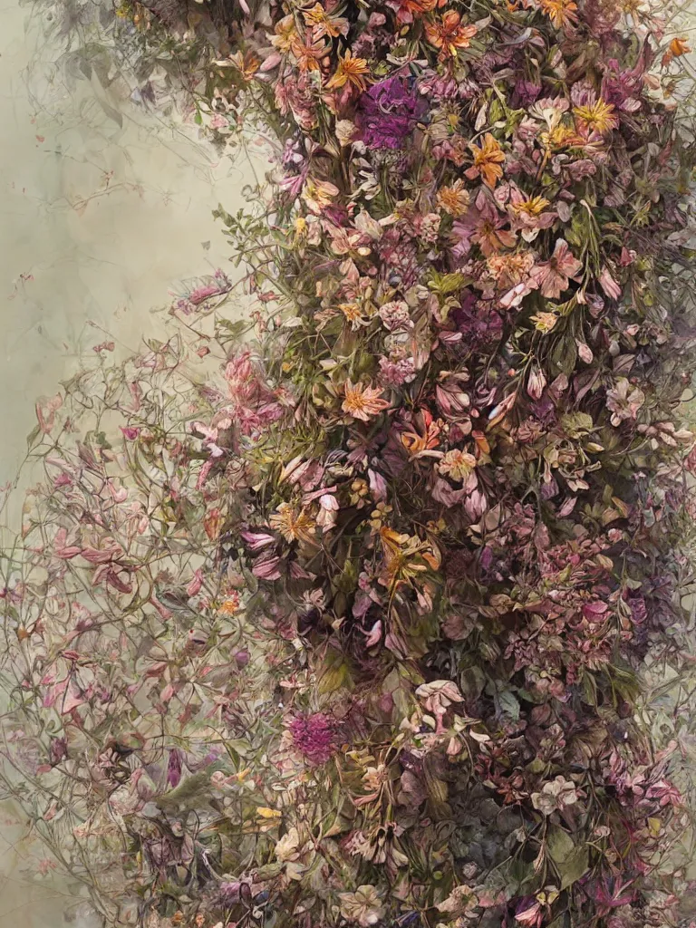 Prompt: a chaotic whirlwind of wildflowers and leaves, intricate details, aesthetically pleasing and harmonious natural colors, art by marco mazzoni, impressionism, detailed, dark, flowers