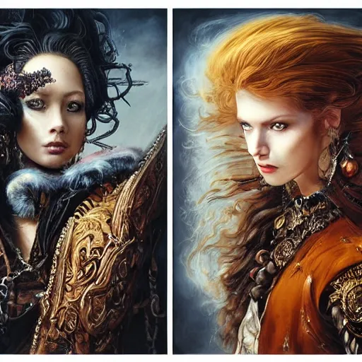 Image similar to portrait, headshot, insanely nice professional hair style, dramatic hair color, digital painting, of a old 17th century, old cyborg merchant, amber jewels, baroque, ornate clothing, scifi, realistic, hyperdetailed, chiaroscuro, concept art, art by Franz Hals and Jon Foster and Ayami Kojima and Amano and Karol Bak,