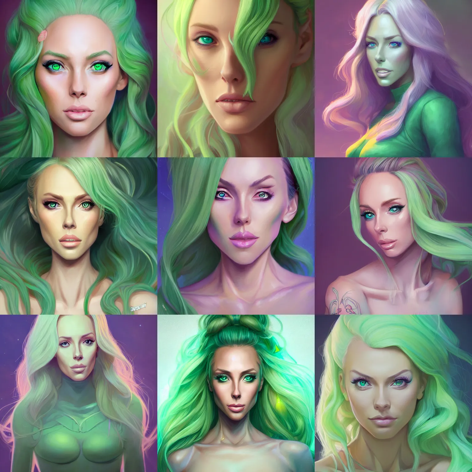 Prompt: a portrait of nicole aniston, pastel green, art by lois van baarle and loish and ross tran and rossdraws and sam yang and samdoesarts and artgerm and saruei and disney and wlop, digital art, highly detailed, intricate, sharp focus, trending on artstation hq, deviantart, unreal engine 5, 4 k uhd image