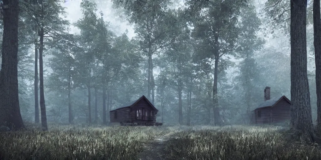 Prompt: a single cottage in the woods and empty woods, 8k, fantasy, hyper realistic, atmospheric