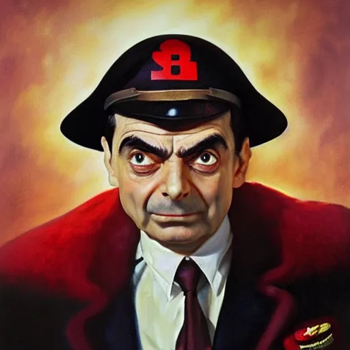 Prompt: ultra realistic portrait painting of mr bean as m. bison from street fighter, art by frank frazetta, 4 k, ultra realistic, highly detailed, epic lighting