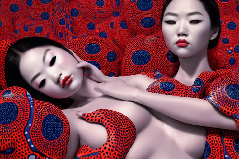 Image similar to hyperrealistic detailed image of a geisha laying in a art installation room, hd smooth interior by yayoi kusama, part by kei mieno, part by ross tran, dark art by james jean, ultra realistic, highly detailed, life like face, detailed body, 8 k, 3 d render by roger magrini, very cohesive, masterpiece
