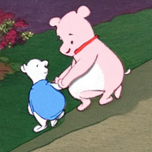 Prompt: Piglet from A. A. Milne's Winnie-the-Pooh holding hands with Xi Jingping