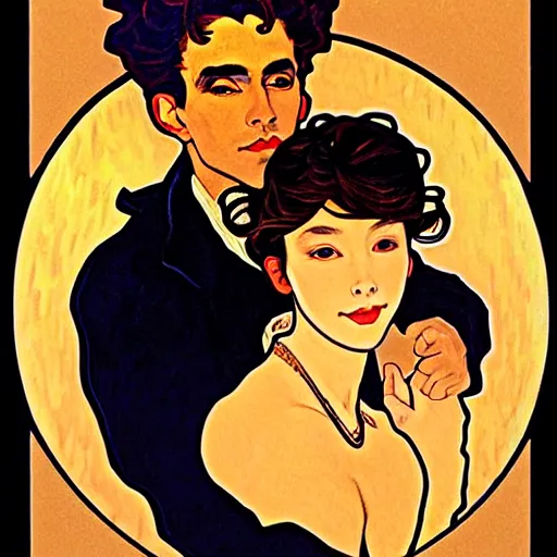 Image similar to painting of handsome young beautiful jeff and gorgeous rina together at the jack o'lantern halloween party, elegant, soft features, delicate facial features, clear, painting, stylized, art, art by alphonse mucha, vincent van gogh, egon schiele,