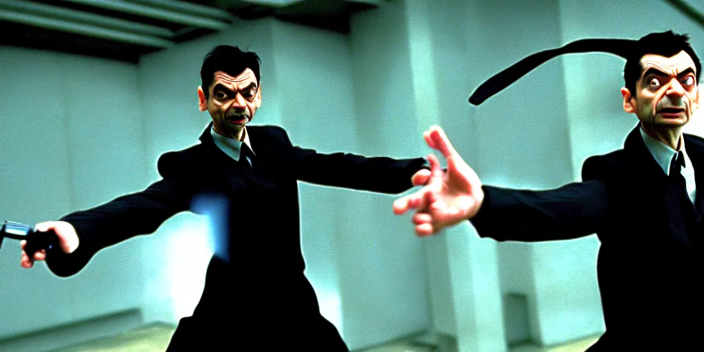 Prompt: hyper realistic, production still of neo ( ( mr. bean ) ) in the movie, the matrix ( 1 9 9 9 ), in an action fight sequence, 4 k, highly detailed, anamorphic