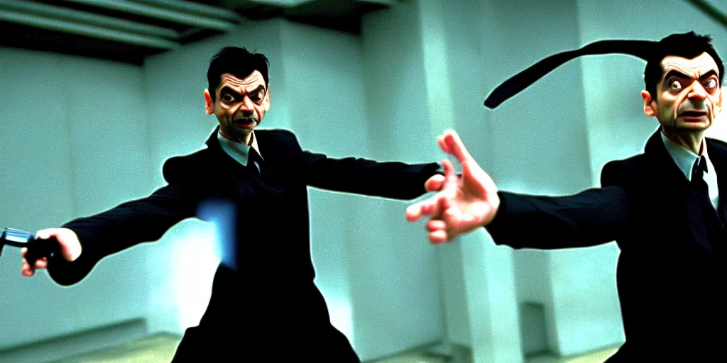 Image similar to hyper realistic, production still of neo ( ( mr. bean ) ) in the movie, the matrix ( 1 9 9 9 ), in an action fight sequence, 4 k, highly detailed, anamorphic