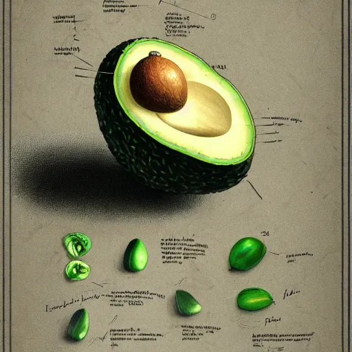 Prompt: anatomy of a avocado, da vinci notes, ultradetailed, anatomy study, artstation