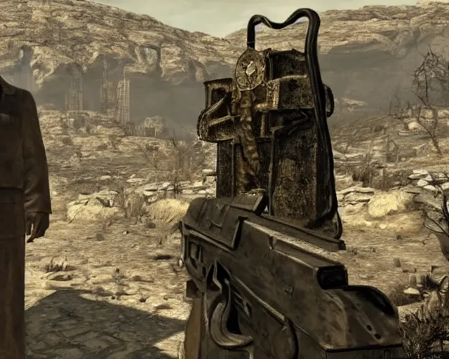 Image similar to Janusz Korwin-Mikke in the centre of a screenshot from the game Fallout: New Vegas (2010), screenshot of an NPC from Fallout: New Vegas (2010)