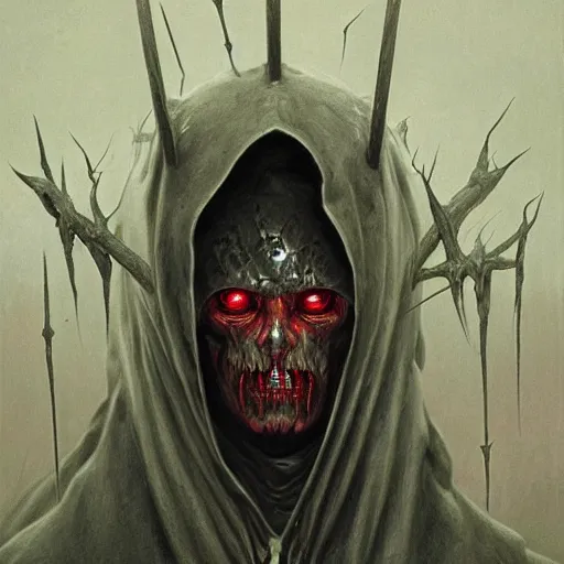 Prompt: portrait of demonic Tom Cruise with red glowing eyes in hood and crown of thorns, dark fantasy, Warhammer, artstation painted by Zdislav Beksinski and Wayne Barlowe