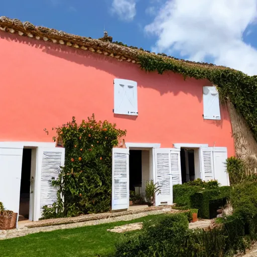 Prompt: ile de re house with a garden full of tremiere rose, two stores, white walls, orange roof