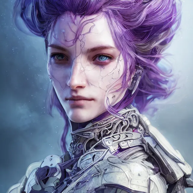 Image similar to facial portrait of a pale woman in sci - fi armor with a flowing purple, elegant, stoic, intense, ultrafine hyperdetailed illustration by kim jung gi, irakli nadar, intricate linework, sharp focus, bright colors, octopath traveler, final fantasy, hearthstone, highly rendered, global illumination, radiant light, detailed, intricate environment