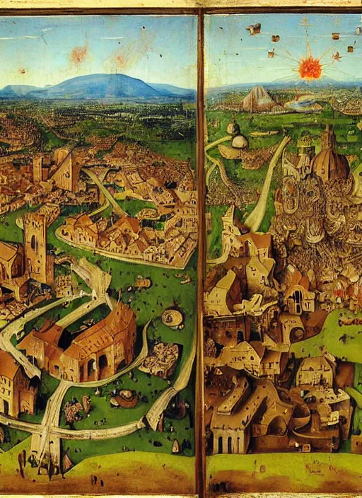 Prompt: Florence on fire, wildfire, Medieval painting by Jan van Eyck, Hieronymus Bosch