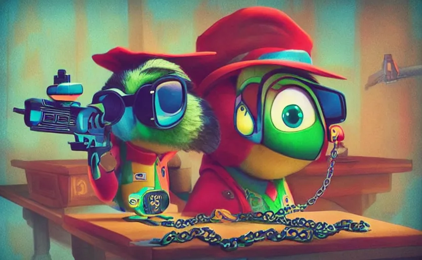 Image similar to “ one cute parrot with very big eyes, wearing a bandana and chain, holding a laser gun, standing on a desk, digital art, award winning, in the style of the movie zootopia ”