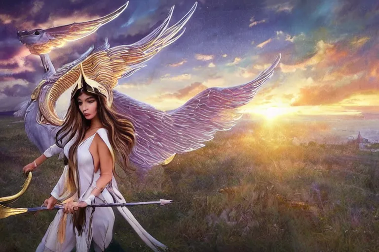 Image similar to wide - shot | dslr | madison beer | as a valkyrie warrior | giant winged horse | detailed face | rain | raytracing!!! | arrows | sunset | smoke | ethereal | golden hour | by victor nizovtsev, john blanche, werner herzog | fantasy | highly detailed | north mythology | realism | film | cinematic 4 k | upscaled!!!