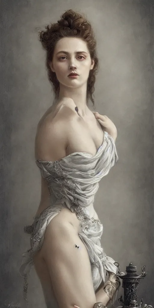 Image similar to a beautiful hyperrealistic portrait pose of a stunning Victorian model in a high-collared grey and white dress looking mournful, intricate, elegant, highly detailed, smooth, sharp focus, award-winning, masterpiece, in the style of Tom Bagshaw, Cedric Peyravernay, Peter Mohrbacher