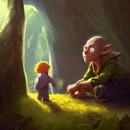 Image similar to a wholesome animation key shot of cute frodo, gollum and sam from lord of the rings, colorful, pixar and disney animation, sharp, very detailed, high resolution, key art by greg rutkowski, bloom, dramatic lighting