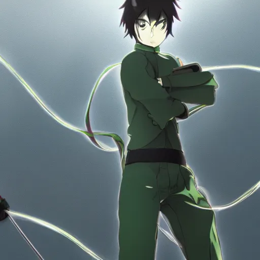 Image similar to fencer, anime style, green hair, dark, makoto shinkai, animated, animation, detailed, illustration, moody