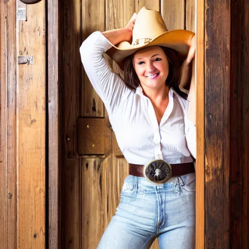 Prompt: cowgirl leaning up against the door frame of saloon with one thumb hooked on belt loop