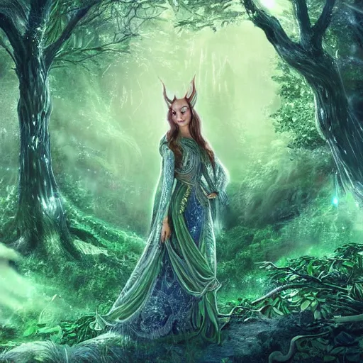 Prompt: beautiful elven celestial stag. beautiful highly detailed forest background. green and blue light. accurate, sci - fi concept art, intricate, elegant, long shot 8 k rendering.