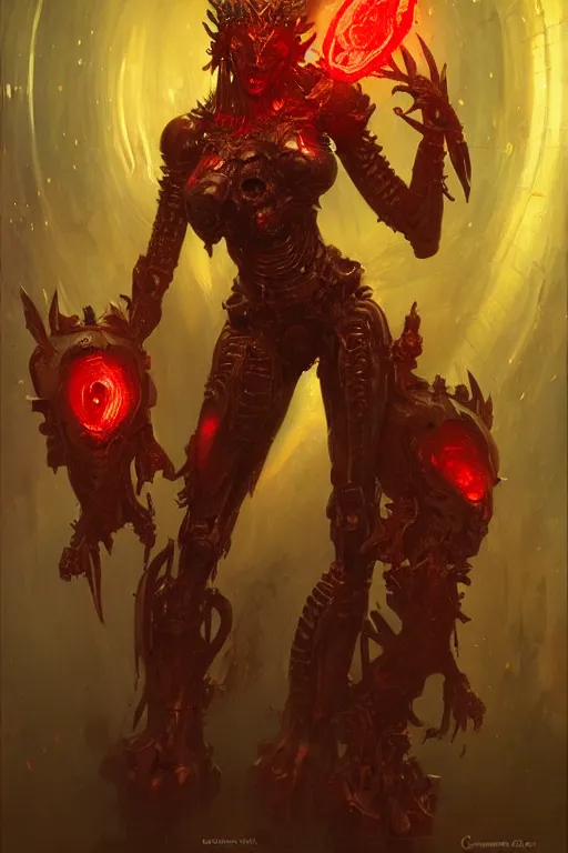 Prompt: attractive i robot demon queen with crown and red eyes, painting by gaston bussiere, craig mullins, luis rollo, torso portrait, digital painting, highly detailed, artstation, sharp focus, illustration, concept art, hd