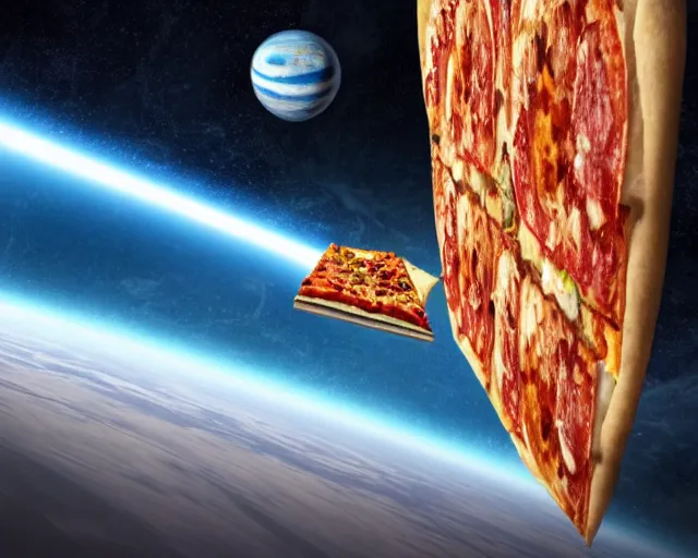 Prompt: a single slice of pizza spaceship in orbit over a single planet space wallpaper starwars digital art 4 k atmospheric cinematic shot octane render