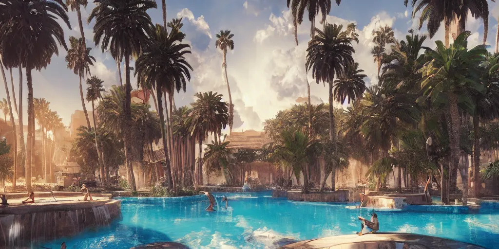 Image similar to beautiful pool waterfalls surrounded by palm trees, moroccan tile archways, industrial buildings, ivory towers, sun setting, ross tran, fantasy, james jean, peter morbacher, angelarium, alchemy, luxury, heavenly light, soft illumination, trending on artstation, cinematic lighting, digital painting, octane render, artgerm