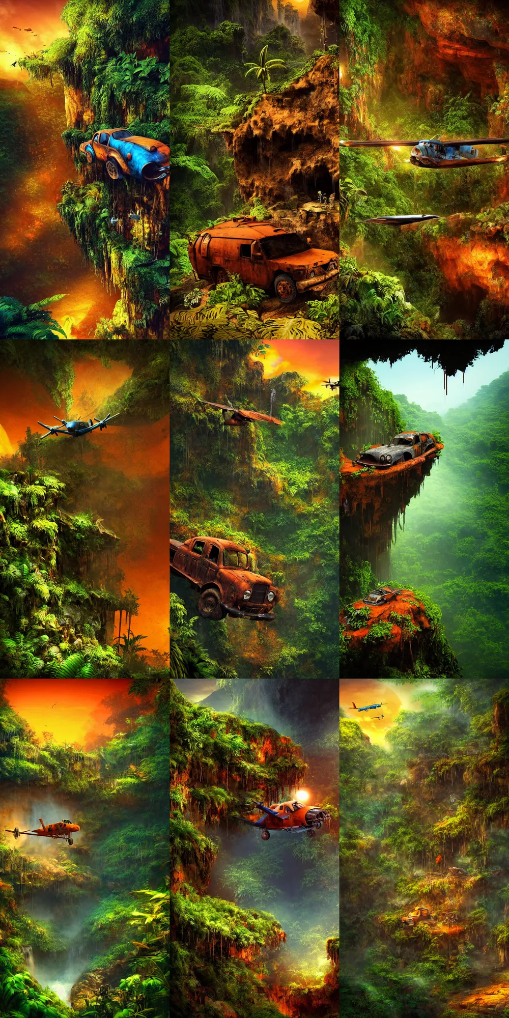 Prompt: a rusty and dirty flying vehicle in a prehistoric jungle cave, lush flora, waterfall, mountains, flowers, vines, orange sky, dark blue, green, sunset, hazy, volumetric lighting, rtx on, photography, beautiful, stunning, ultra - detailed