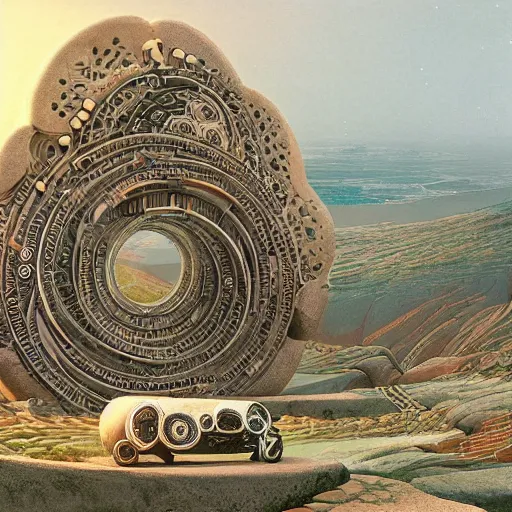 Image similar to a gigantic paleolothic torus made of stone with highly detailed carvings of intricate shamanic robotic electronics and circuitry, in a mediterranean lanscape, inside a valley overlooking the sea, in the style of syd mead