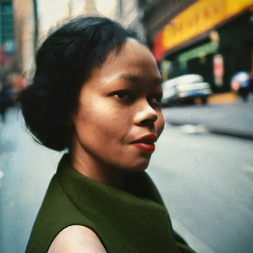 Image similar to medium format film candid portrait of a woman in new york by street film photographer, 1 9 6 0 s, woman portrait featured on unsplash, photographed on colour expired film