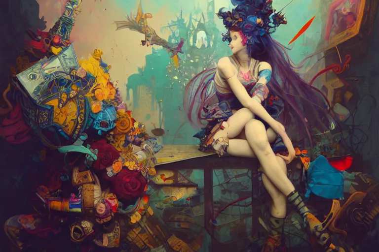 Prompt: a patchwork doll sitting alone in a raucous crowd, loud colors, post grunge, japanese gothic, blue hour, asymmetrical art, baroque, colorful, vivid, imposing, epic, abstract texture, artstation, concept art, by sydney prior hall and peter mohrbacher and wlop and rhads and artgerm and magali villeneuve and alphonse mucha