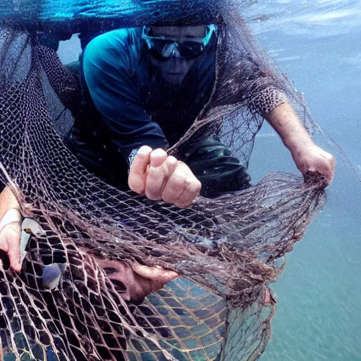 Image similar to vojislav seselj stuck in a fishing net, underwater, struggling