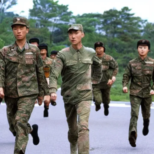 Prompt: forrest gump running through korean demilitarised zone