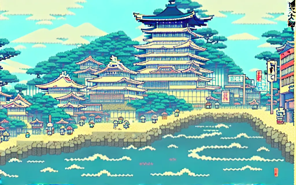 Image similar to a japanese city near the sea, lofi, dreamy, moody, anime inspiration, ghibli vibe, pixelart