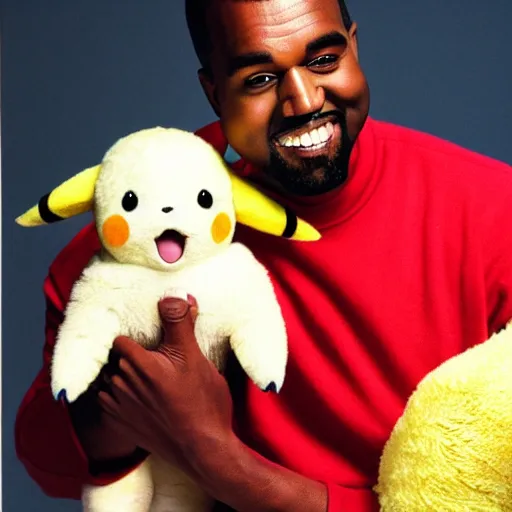 Image similar to kanye west smiling holding pikachu for a 1 9 9 0 s sitcom tv show, studio photograph, portrait c 1 2. 0