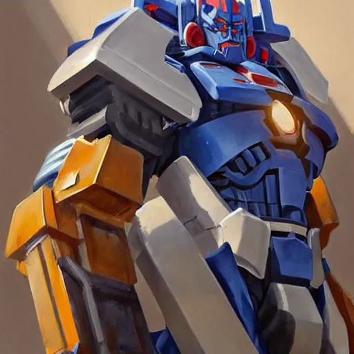 Image similar to greg manchess portrait painting of optimus prime as overwatch character, medium shot, asymmetrical, profile picture, organic painting, sunny day, matte painting, bold shapes, hard edges, street art, trending on artstation, by huang guangjian and gil elvgren and sachin teng