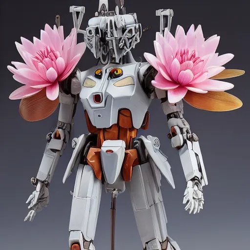 Image similar to futuristic nymphaea mecha waterlily upper body, sepals forming helmet, floral details, nymphaea, 8 k hd resolution, barbatos gundam with floral inlay, bandai box art, star wars, brian despain, makoto kobayashi, frank gehry, raymond swanland