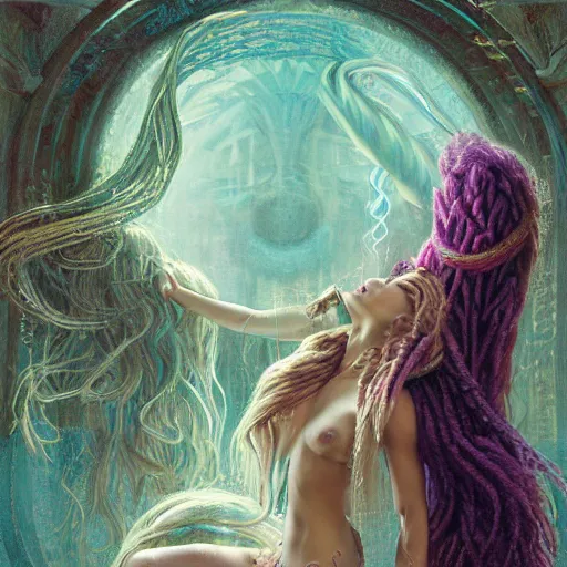 Image similar to birth of mami wata, sumerian goddess inanna ishtar, ashteroth, techno mystic goddess princess intergalactica, with aqua neon rapunzel dreadlocks, mami wata, detailed, by gaston bussiere, bayard wu, greg rutkowski, giger, maxim verehin, greg rutkowski, masterpiece, sharp focus,