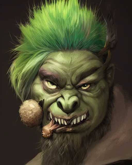 Image similar to A head and shoulder portrait of a Dungeons and Dragons bugbear with green hair and purple eyes he looks angry at his knife by Greg Rutkowski, Sung Choi, Mitchell Mohrhauser, Maciej Kuciara, Johnson Ting, Maxim Verehin, Peter Konig, final fantasy, 8k photorealistic, cinematic lighting, HD, high details, dramatic, epic atmosphere, trending on artstation