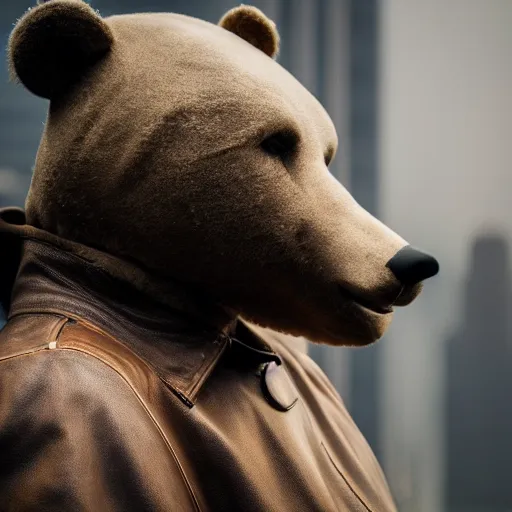 Prompt: anthropomorphic bear in a leather jacket, cyberpunk style, foggy weather, 1 5 5 mm lens, highly detailed