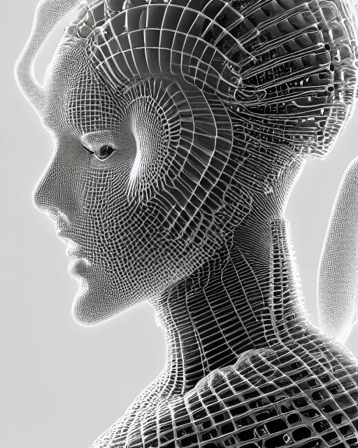 Image similar to mythical dreamy black and white organic translucent bio-mechanical spinal ribbed profile face portrait detail of mechanical beautiful female angelic-snowy-cyborg, highly detailed, intricate crystal jelly steampunk ornate, poetic, 3D render, digital art, octane render, 8K artistic photography, photo-realistic, by Dora Maar