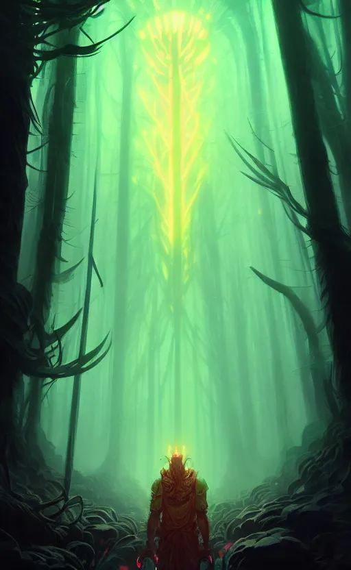 Image similar to Portrait of Eldritch God in neon forest, digital art from artstation by Andreas Rocha and Greg Rutkowski and Peter Mohrbacher