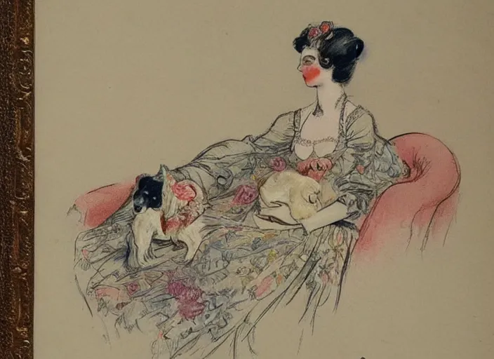 Prompt: Louis Icart, an old elaborate colored drawing of a woman laying eloquently on a sofa holding a puppy, wearing flowing dress with floral motifs, by Louis Icart, highly detailed, masterpiece