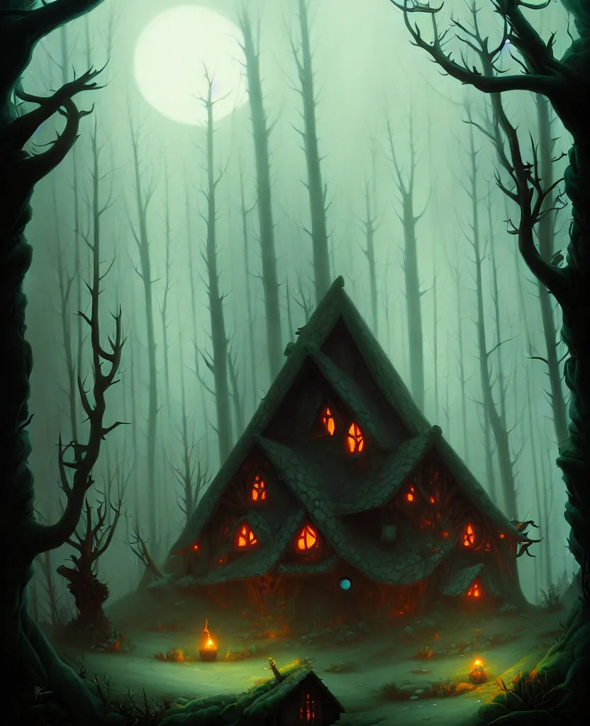 Image similar to a witches cabin in a dark forest, by peter mohrbacher